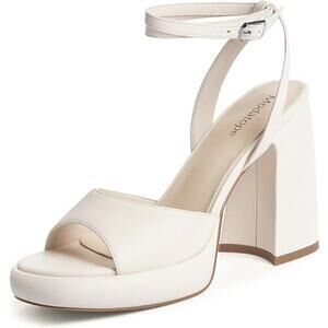 NEW Platform Heels Sandal Women Chunky Heel, Open Round Toe Ankle Strap White